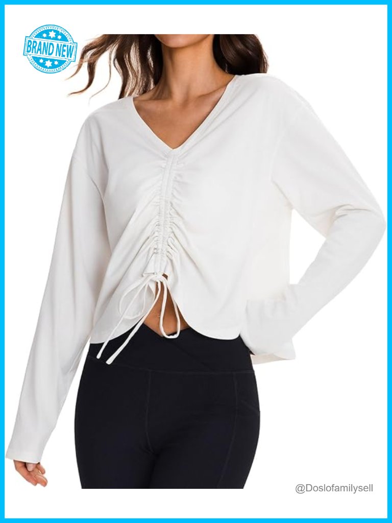 Long Sleeve Reversible Yoga Top Drawstring Loose V-Neck Workout Shirt